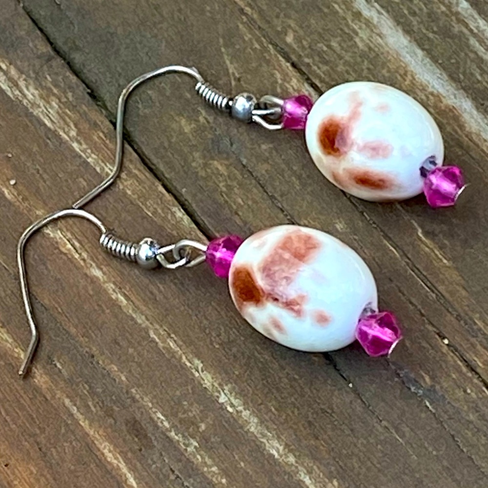 Drop Earrings Neutral white brown with pink accent